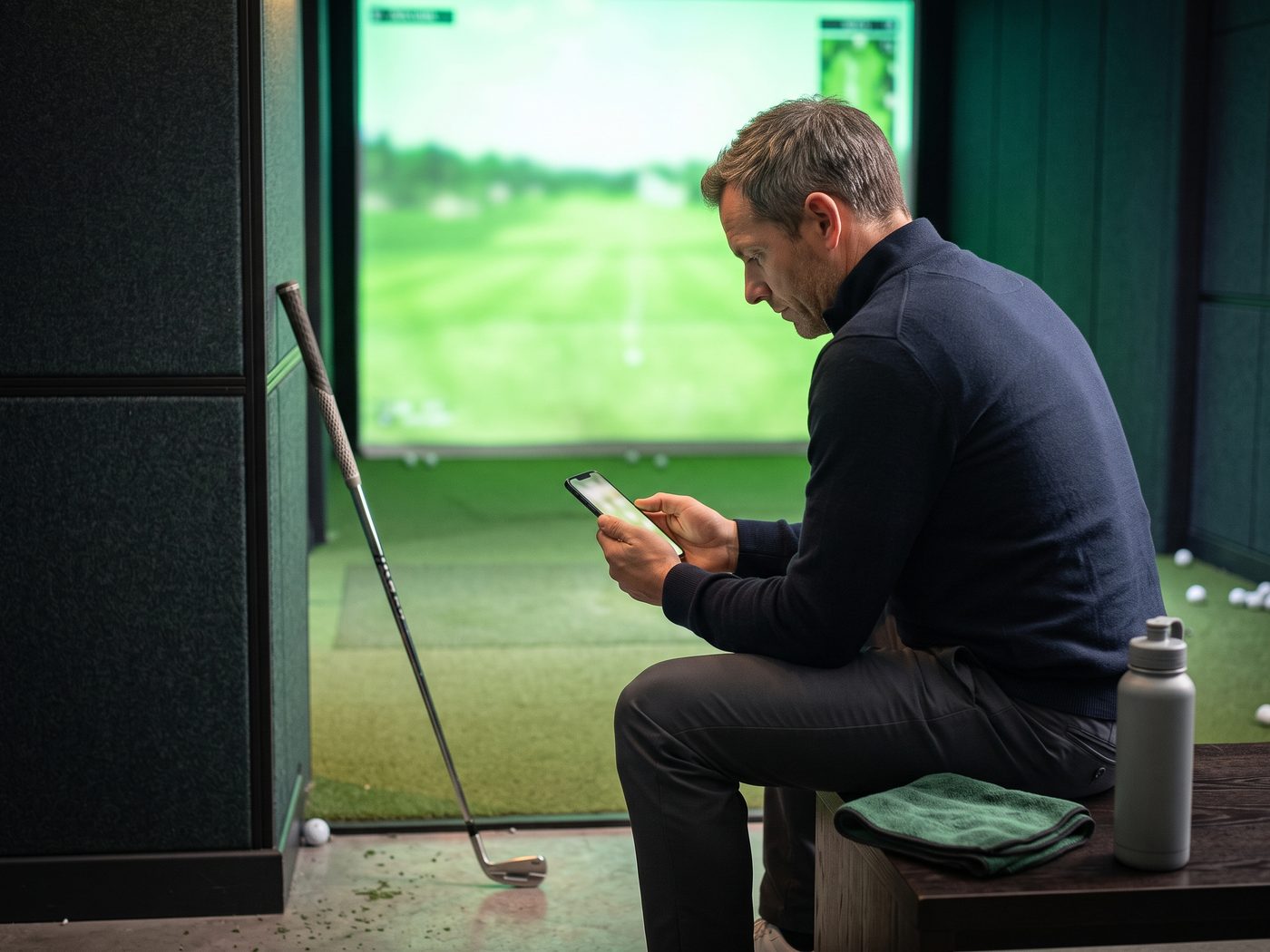 A golfer reviewing statistics on a phone